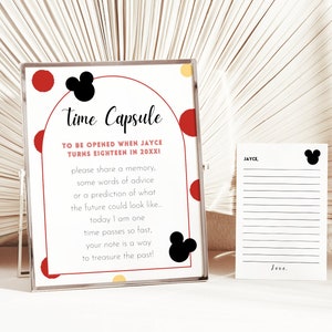 Cápsula de tempo do primeiro aniversário do mickey mouse menino, decoração de festa de primeiro aniversário, cartões de nota correspondentes, modelo digital imprimível e editável