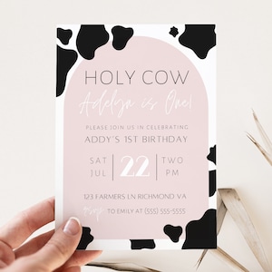 Holy Cow I&#39;m One Girls Birthday Invitation, Cow Print Birthday Invitation Template, Cow Invite, EDITABLE Instant Download, Farm Birthday
