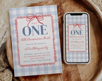 One American Babe Birthday Invitation, 4th of July Patriotic 1st Birthday Invite, 4th of July 1st Birthday, One All American Girl Birthday