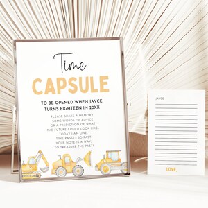 Tijdcapsule sjabloon, moderne constructie verjaardag tijdcapsule, 1e verjaardag graafmachine, dumptrucks feest, tijdcapsule kaart en teken jongen