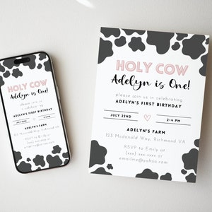 Holy Cow I&#39;m One Girls Birthday Invitation, Cow Print Birthday Invitation Template, Cow Invite, EDITABLE Instant Download, Farm Birthday