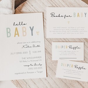 K&ouml;nnte beinhalten: Eine Babyparty-Einladung mit einem farbenfrohen "hello baby"-Design. Die Einladung enth&auml;lt das Datum, die Uhrzeit und den Ort der Veranstaltung sowie den Namen der werdenden Eltern. Au&szlig;erdem enth&auml;lt sie Informationen &uuml;ber eine Windeltombola und eine Bitte an die G&auml;ste, ein Buch anstelle einer Karte mitzubringen.