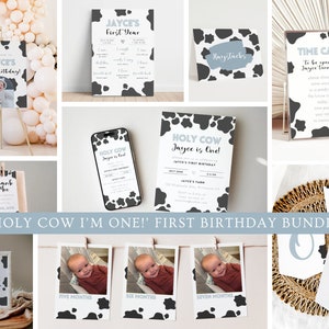 BUNDLE Holy Cow I&#39;m One Invitation, Cow Print Invitation, Farm Birthday, Boy 1st Birthday, Holy Cow I&#39;m One Party Decor, Holy Cow I&#39;m One