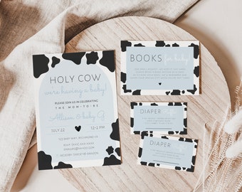 Holy Cow We're Having a Baby, Baby Blue Shower Invitation, Farm Birthday, Boy Baby Shower, Editable Invite Printable, Cow Invite Template