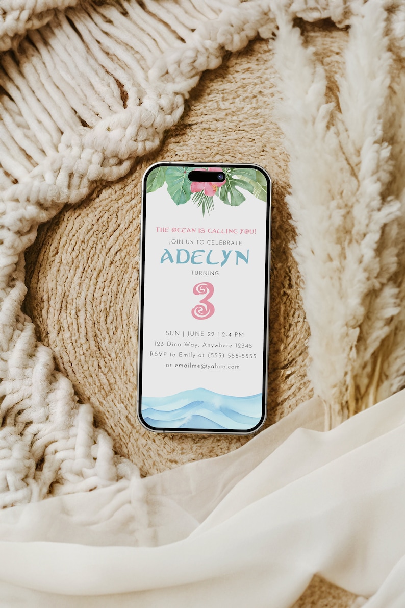 May include: A digital invitation for a 3rd birthday party with a beach theme. The invitation features a watercolor illustration of ocean waves and tropical leaves. The text reads "The ocean is calling you! Join us to celebrate Adelyn turning 3. Sun | June 22 | 2-4 PM 123 Dino Way, Anywhere 12345 RSVP to Emily at (555) 555-5555 or emailme@yahoo.com"
