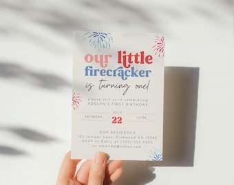 Little Firecracker 1st Birthday Invitation, 4th of July Birthday Invite, 4th of July 1st Birthday Invitation, Patriotic Birthday Invitation