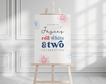 Rödvit och två födelsedagsskyltar, patriotisk välkomstskylt för 4 juli, mall för 2-årsdagsskylt för 4 juli, 2-årsdagsskylt