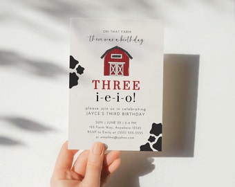 Three-I-E-I-O Birthday Invitation, 3rd Birthday Party Tractor and Farm Animal Theme, Editable Farm Third Birthday Invitation, Third Birthday