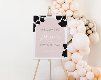 Holy Cow I'm One Welcome Sign, Modern Cow Print First Birthday Welcome Sign, EDITABLE Cow Print Welcome Sign, Editable Welcome Sign