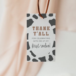 Western Cowboy Favor Tag, My First Rodeo Birthday Thank You Tag, Western Birthday Gift Tag, Cow Print Favor Tag Template, My First Rodeo