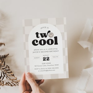 Two Cool Birthday Invitation Template, Checkered Smiley Invitation Retro 2nd Birthday Invite Editable Digital Template Instant Download Boy