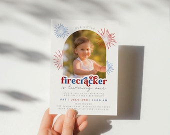 Little Firecracker 1st Birthday Invitation, 4th of July Birthday Invite, 4th of July 1st Birthday Invitation, Patriotic Birthday Invitation