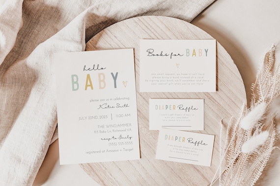 Minimalist Baby Shower Invitation, Neutral Baby Shower Bundle, Books for Baby Diaper Raffle, Modern Boho Baby Shower Invite, Gender Neutral