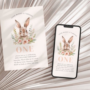 Some Bunny Is One Invitation, Flowers Some Bunny is Turning One Invite, Bunny Birthday Invitation, 1st Birthday Minimalist Easter Invitation