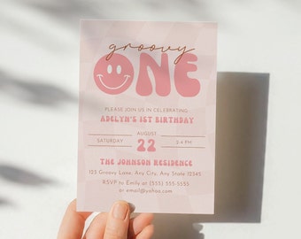 Groovy One Invitation Editable Template, Retro Groovy Birthday Invite, Hippie 70s Vibe Peace Love Party 1st Birthday, Instant Download