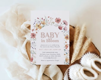Editable Wildflower Baby Shower Invitation, Baby in Bloom Invitation, Wildflower Baby Shower Invite Set, Spring Garden Baby Shower Boho