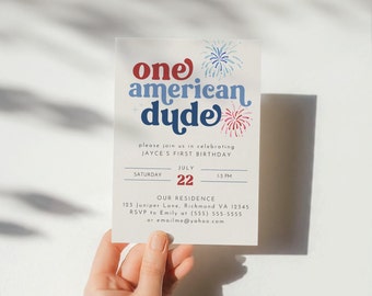 One American Dude Birthday Invitation, 4th of July Patriotic 1st Birthday Invite, 4th of July 1st Birthday Invitation Template, 1st Birthday