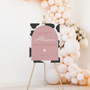 Signo de bienvenida con impresión de vaca editable, cartel de baby shower con impresión de vaca, plantilla de bienvenida con impresión de vaca, descarga instantánea, signo de baby shower, bebé de vaca sagrada