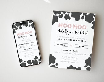 Moo Moo je suis deux modèle d'invitation d'anniversaire, deuxième invitation d'anniversaire, invitation imprimable de partie de vache, anniversaire de fille, 2ème anniversaire invitent
