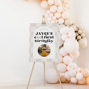 One Cool Dude Welcome Sign Template, Checkered Smiley Welcome Sign, Retro 1st Birthday Welcome Poster with Photo, Editable Instant Download