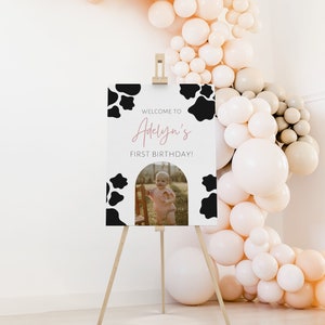 Holy Cow I&#39;m One Welcome Sign, Modern Cow Print First Birthday Welcome Sign, EDITABLE Cow Print Welcome Sign, Editable Welcome Sign