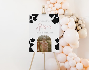 Holy Cow I'm One Welcome Sign, Modern Cow Print First Birthday Welcome Sign, EDITABLE Cow Print Welcome Sign, Editable Welcome Sign