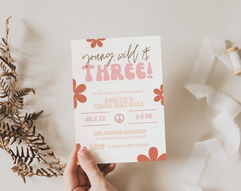 BUNDLE Young Wild and Three Invite Template Daisy Rainbow Groovy 3rd Birthday Invite Hippie Retro Geburtstag Einladung Instant Download