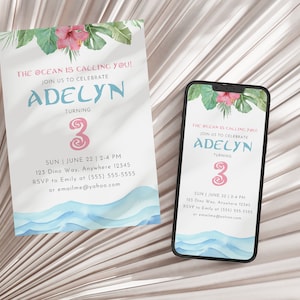 May include: A digital invitation for a 3rd birthday party with a beach theme. The invitation features a pink and blue watercolor design with waves, palm leaves, and a pink flower. The text on the invitation reads "The Ocean is Calling You! Join us to celebrate Adelyn turning 3." The invitation also includes the date, time, and location of the party.