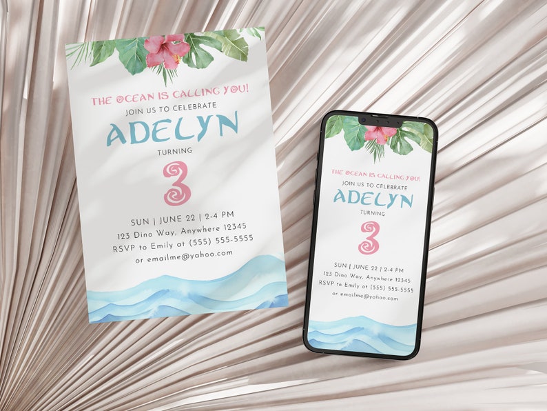 May include: A digital invitation for a 3rd birthday party with a beach theme. The invitation features a pink and blue watercolor design with waves, palm leaves, and a pink flower. The text on the invitation reads "The Ocean is Calling You! Join us to celebrate Adelyn turning 3." The invitation also includes the date, time, and location of the party.