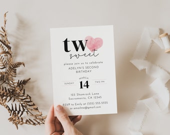 Valentine's Second Birthday Invitation Template, Modern Editable Simple Valentine's Birthday Invite, Two Sweet, Invitation Instant Download