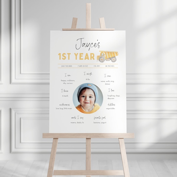 Construction Truck First Year Sign Template, Dump Truck Milestone Sign, Construction First Year Sign, 1st Birthday Excavator Milestone Sign