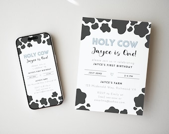 Holy Cow I'm One Boys Birthday Invitation, Cow Print Birthday Invitation Template, Cow Invite, EDITABLE Instant Download, Farm Birthday