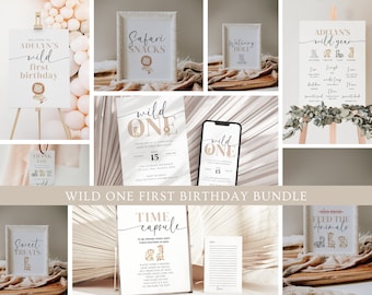 Wild One Birthday Bundle, First Birthday Safari Animals, Wild One Bundle, First Birthday Pack Editable Digital Templates, Instant Download