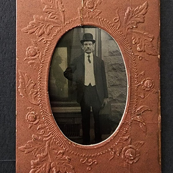 Antique Tintype. Man with Bowler Hat. Victorian Photograph. Ferrotype