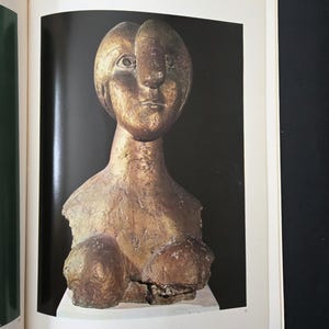 May include: A bronze-toned bust sculpture featuring a stylized human head with a prominent, elongated nose, large almond-shaped eyes, and a textured, weathered surface finish. The figure is depicted from the chest up, resting on a white base.