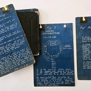 May include: Vintage blue cards with technical diagrams and handwritten notes. The cards have a hole at the top for hanging and are labelled "For Re Winding", "Fig 3 CROSS CONNECTORS", and "For Re-Connecting". The cards are aged and show signs of wear.