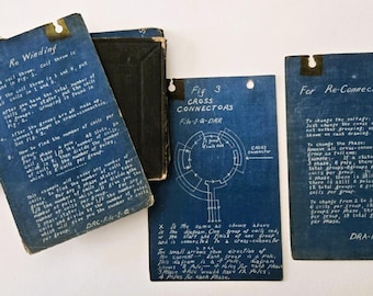 Op de afbeelding: Vintage blauwe kaarten met technische diagrammen en handgeschreven notities. De kaarten hebben een gat aan de bovenkant om op te hangen en zijn gelabeld met "For Re Winding", "Fig 3 CROSS CONNECTORS" en "For Re-Connecting". De kaarten zijn verouderd.