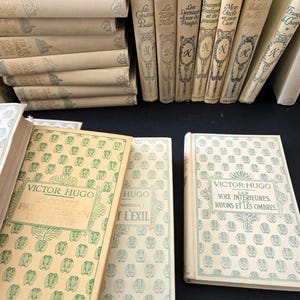 May include: A selection of vintage books with cream-coloured covers. The books, with French titles, display decorative patterns and text. Some are stacked, others upright, revealing their spines. The books are of various sizes.