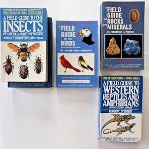 Pode incluir: Uma coleção de livros vintage Peterson Field Guide. Os títulos incluem "Insetos", "Pássaros", "Rochas e Minerais" e "Répteis e Anfíbios Ocidentais". Os livros têm capas azuis com texto branco e ilustrações.