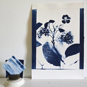 May include: A cyanotype print of botanical elements, featuring a detailed floral arrangement with large leaves and delicate blooms. The print is framed with a dark blue border. A small, square, blue-dyed object sits on a white ceramic base.