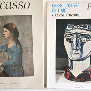 May include: Two art books featuring Picasso. The left cover shows a profile of a person in a blue shirt with the text Picasso. The right cover displays a painted ceramic head sculpture with the text Chefs-d'&oelig;uvre de l'art Grands Peintres.