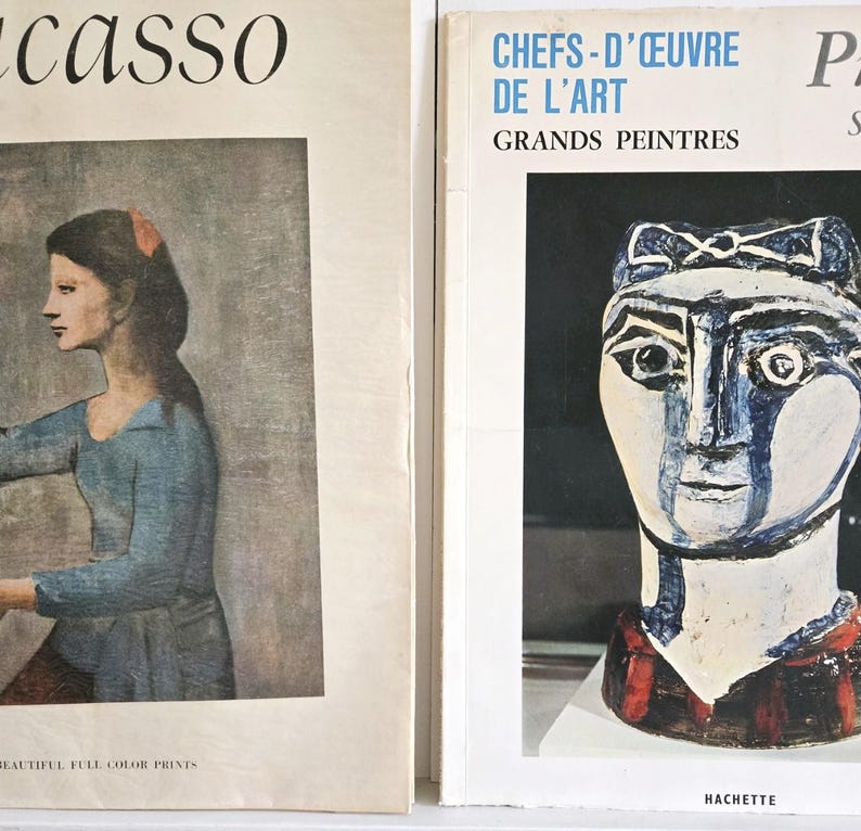 May include: Two art books featuring Picasso. The left cover shows a profile of a person in a blue shirt with the text Picasso. The right cover displays a painted ceramic head sculpture with the text Chefs-d'&oelig;uvre de l'art Grands Peintres.