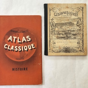 Deux livres antiques de géographie : "Atlas Classique Histoire 1947" & "Géographie Illustrée 1892". Textes et cartes