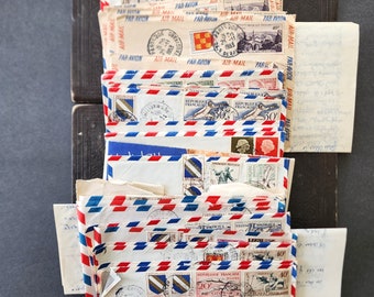 Vintage Letters - Handwritten Papers. Envelopes BY PLANE. European Stamps. Supply, ephemeral, art project. c1950