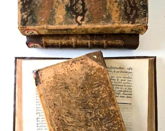 Op de afbeelding: Drie antieke boeken met verweerde, gevlekte bruine en beige kaften. Eén boek ligt open en toont verouderde papieren pagina's met gedrukte Franse tekst, terwijl twee andere delen horizontaal gestapeld zijn met zichtbare ruggen en labels.