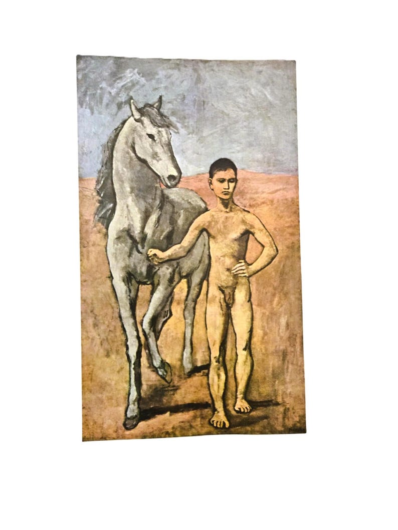 May include: A painting depicting a nude youth standing beside a grey horse in a desert landscape. The figure has one hand resting on the horse's shoulder and the other on their hip. The background features a muted sky and sandy ground.