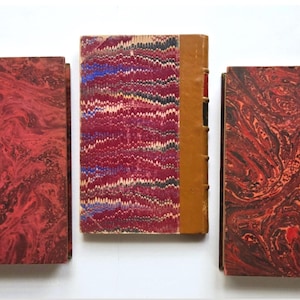 Vintage Decorative Books Set Leather Bound Marbled Paper Antique Book Bundle Shelf Decor