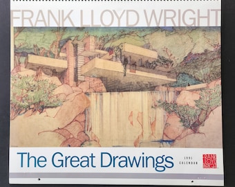 1991 Frank Lloyd Wright Wall Calendar, The Great Drawings.  Architecture. Vintage Art Calendar. Wonderful Hangable Images