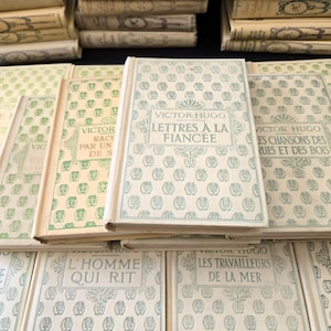May include: A selection of vintage French books by Victor Hugo. The books feature off-white covers with embossed patterns and titles in French, including "Lettres &agrave; la Fianc&eacute;e". The books are stacked and arranged on a dark surface, evoking a classic literary aesthetic.