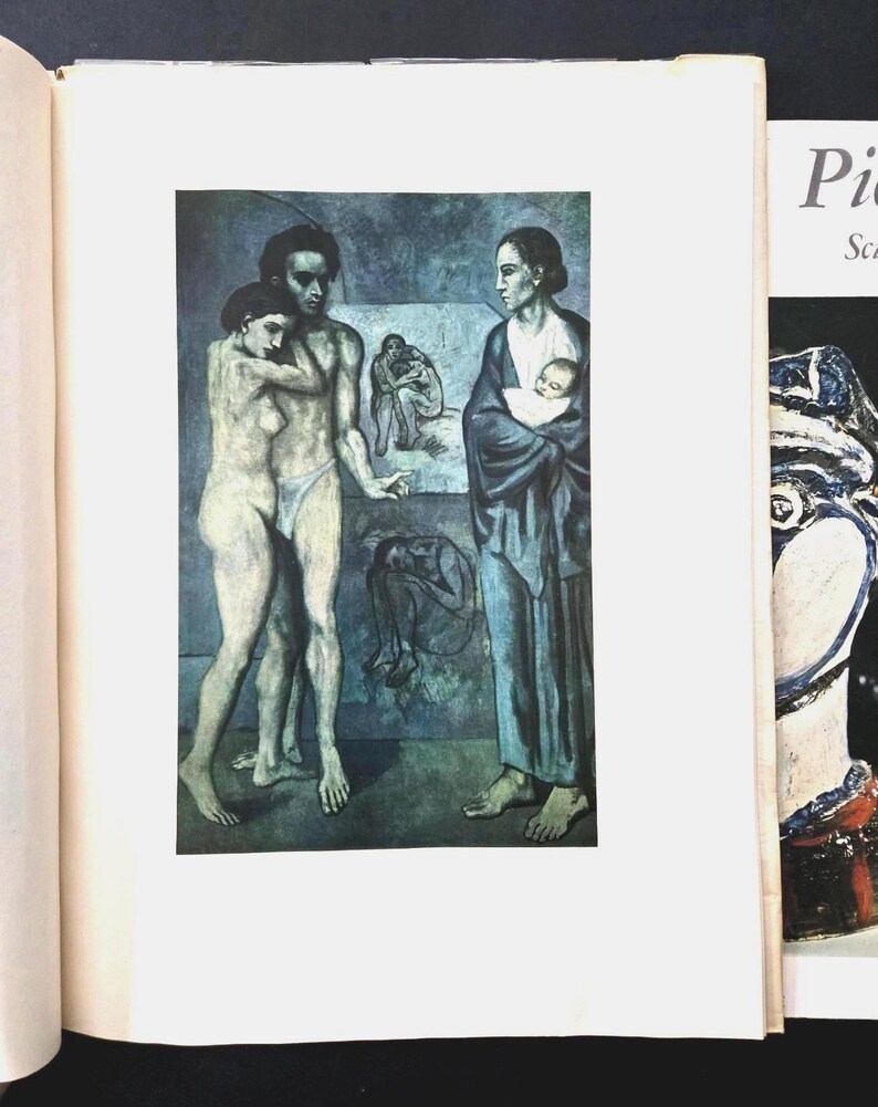May include: A book page featuring a blue-toned painting of a group of figures, including a couple embracing, a person holding an infant, and two seated figures in the background. The text Pi is visible on the adjacent page edge.